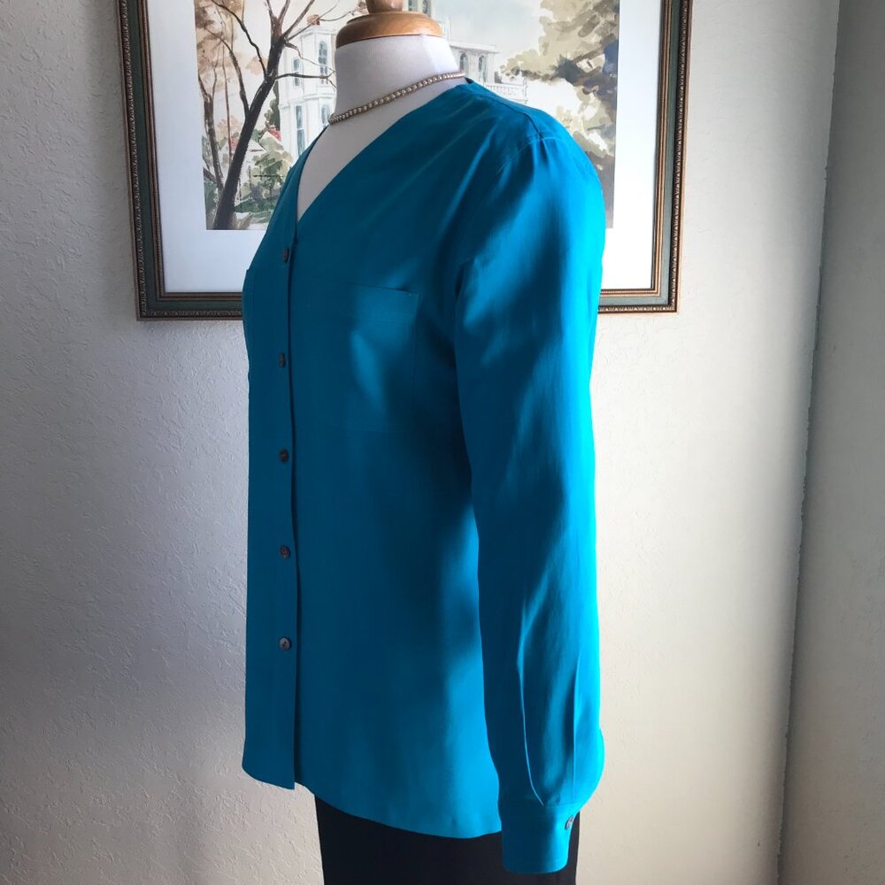 Valerie Stevens Petite Pure Silk Turquoise Blouse - Size PM - Picture 6 of 14